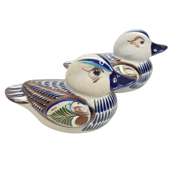 Vintage Pair Tonala Pottery Ducks Mexican Folk Art Figurines Blue Brown Signed